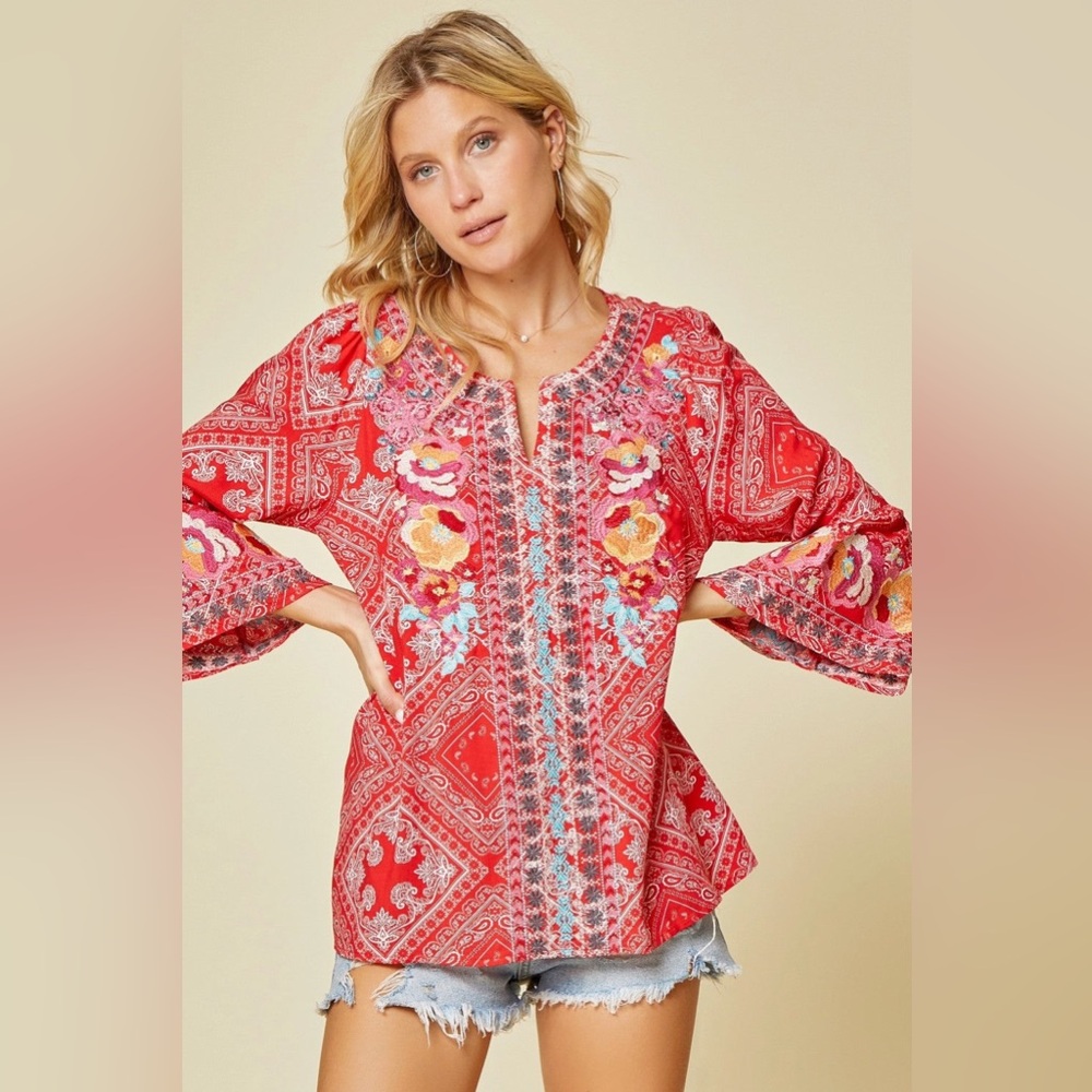 Savanna Jane Red Paisley Bandana Floral Embroidered Top